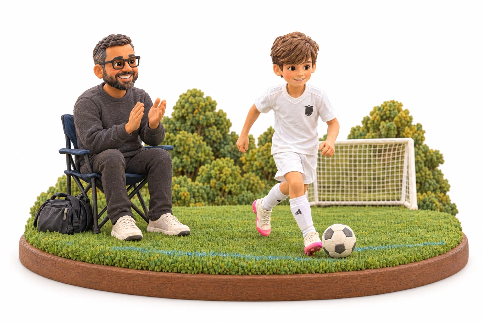 A clay miniature of Nick cheering from the sidelines as Max plays soccer in a white kit with pink cleats, beside a grassy field and white goal.